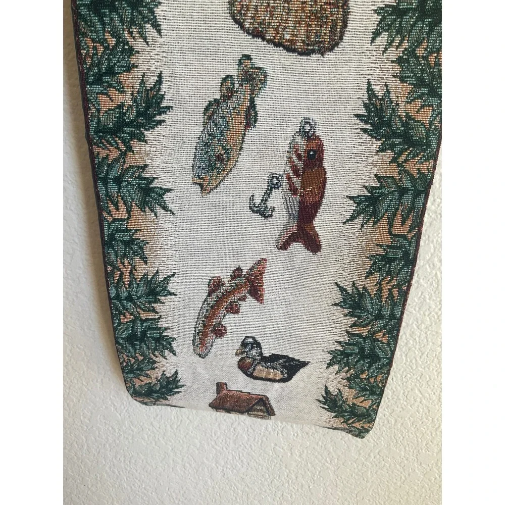 Vintage The Outdoorsman Tapestry Bell Pull  Hanging Moose Fish Cabin 8x41 USA